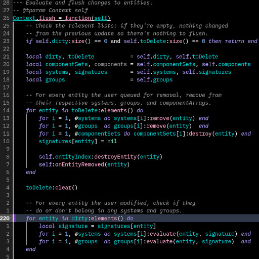 A screenshot of Lua code from the Camus ECS codebase. The code defines and implements a function to delete game entities and organize game entities into component groups.