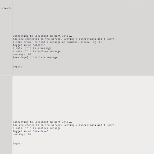 A cropped screenshot of three client sessions and a server session on a multiplexed terminal; only two client sesions are completely visible. The two clients have sent and display messages to and from the chatroom.