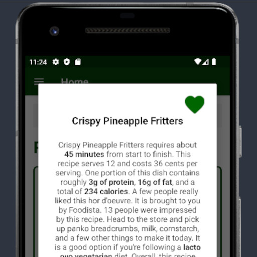 A screenshot of the Cookbook appliation running on an Android emulator. The application is displaying a recipe for "Crispy Pineapple Fritters".