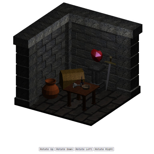 A cropped screenshot of the dungeon scene rendered on a webpage. The scene shows the corner of the dungeon from a three-point perspective. A pot, chest, table, chalice, sword, pedestal, and floating, polygonal heart can be seen.