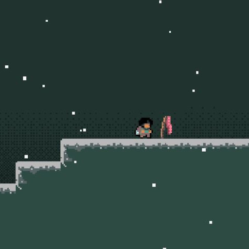 A cropped screenshot of Grapple Hike gameplay. The perspective is side-scrolling, and a man is standing by a pink flag atop a snowy hilltop.