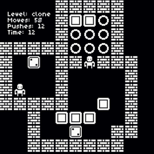 A cropped screenshot of Sokoclone gameplay. The perspective is top-down, and two instances of the player character can be seen, separated by a wall. Many boxes and storage locations are visible, as well as gameplay statistics.