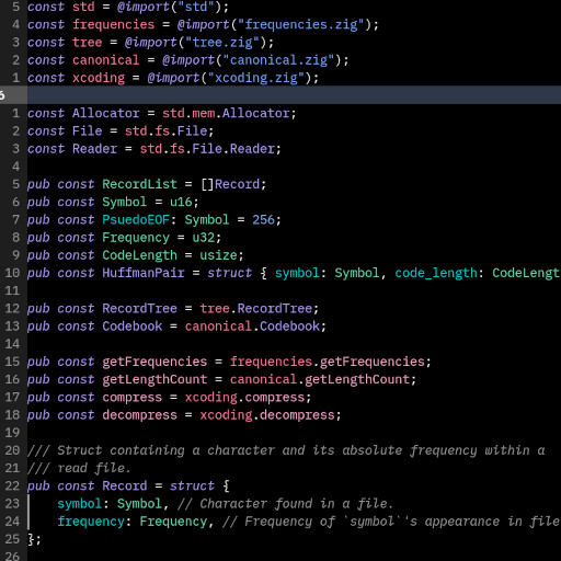 A screenshot of Zig code from the Toy Huffman Encoder codebase. The code imports various files, defines many constants, and defines a "Record" structure containing a "symbol" field and a "frequency" field.